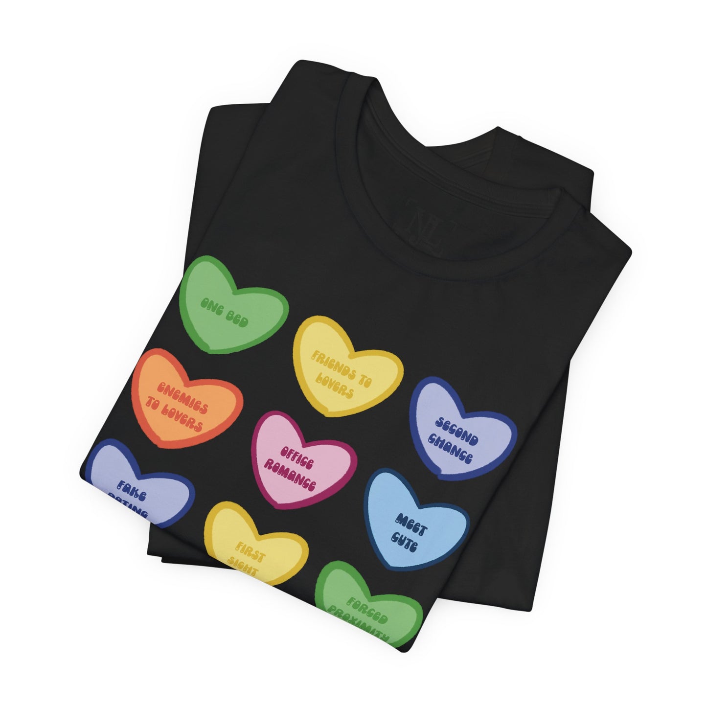 Romance Book Tropes Conversation Heart Graphic Tee — Cute Pastel Candy Hearts with Messages