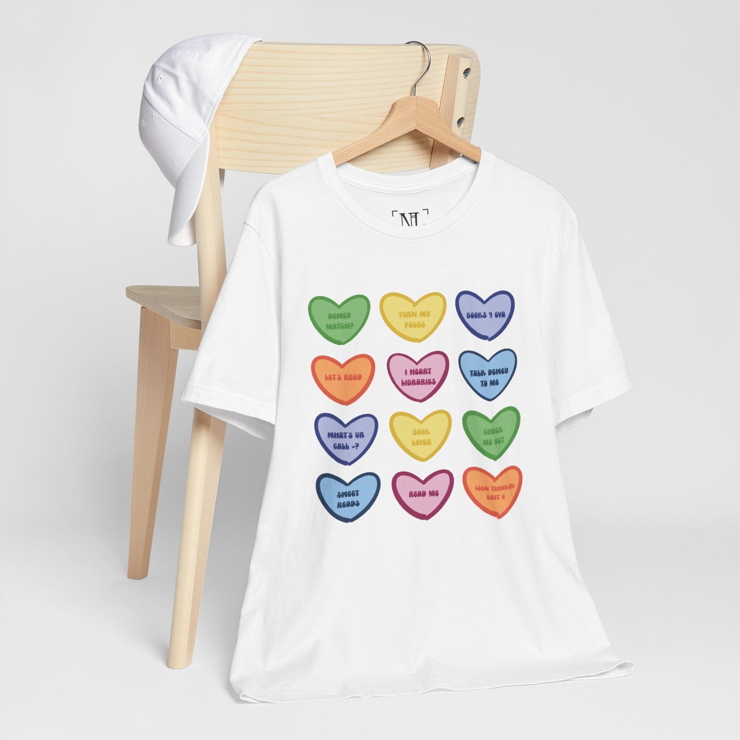 Library Conversation Heart Graphic Tee — Cute Pastel Candy Hearts with Messages