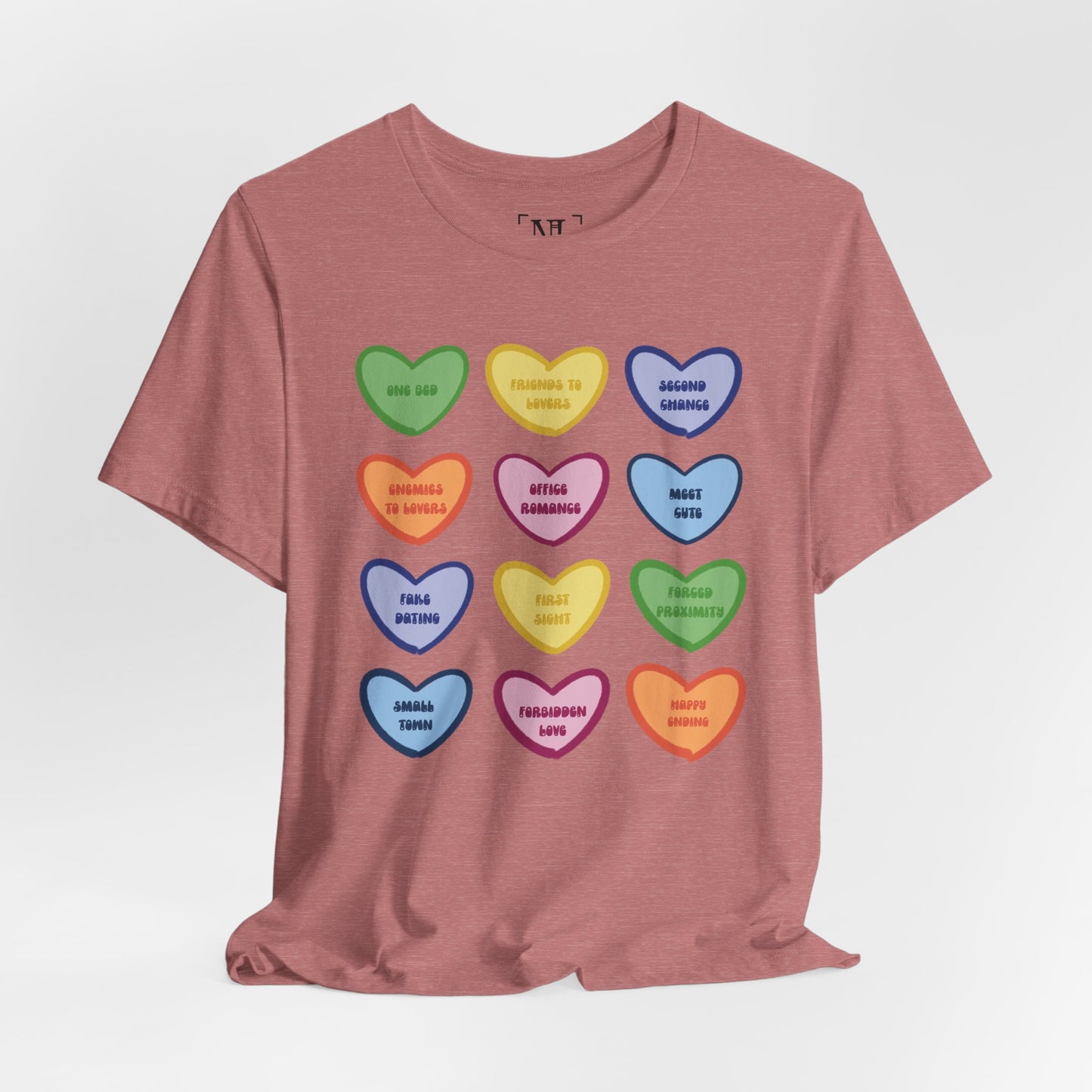 Romance Book Tropes Conversation Heart Graphic Tee — Cute Pastel Candy Hearts with Messages
