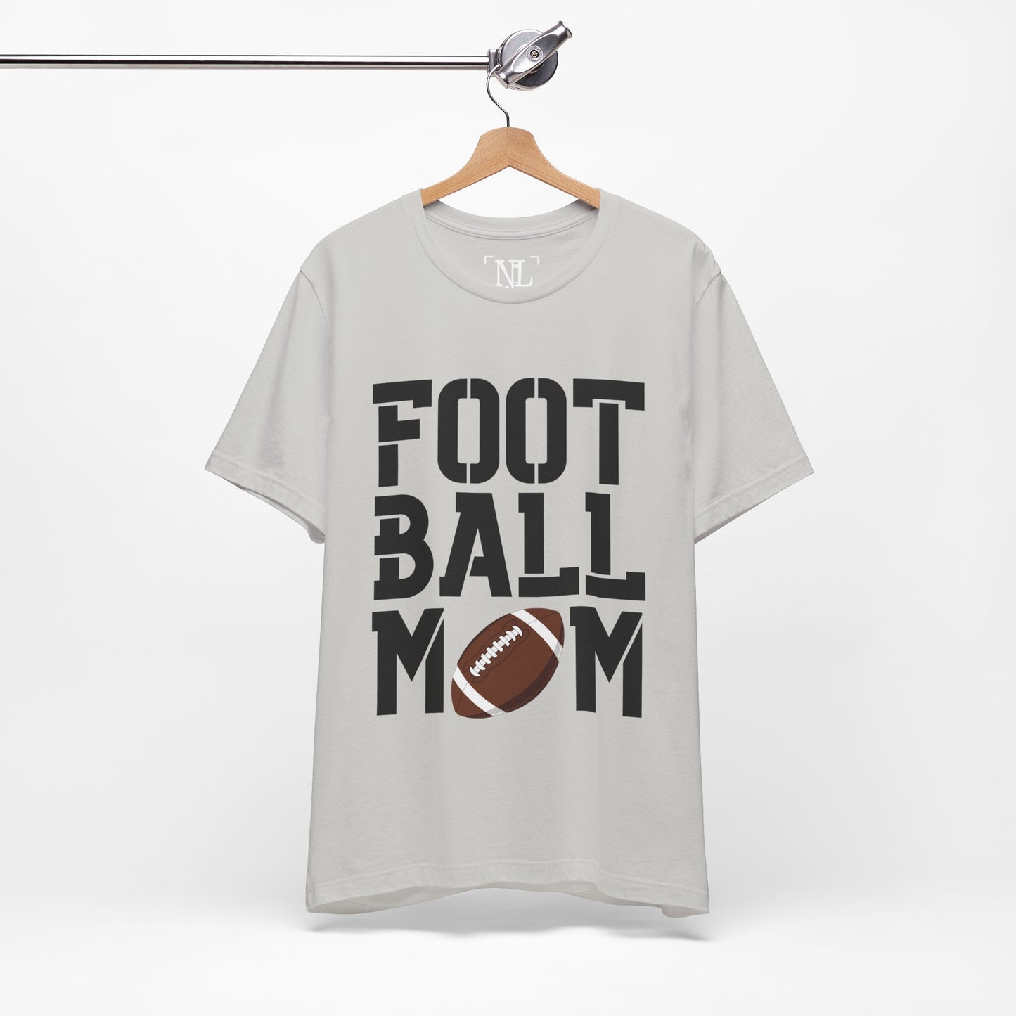 Football Mom T-Shirt – Bold Stacked Text with Football Graphic