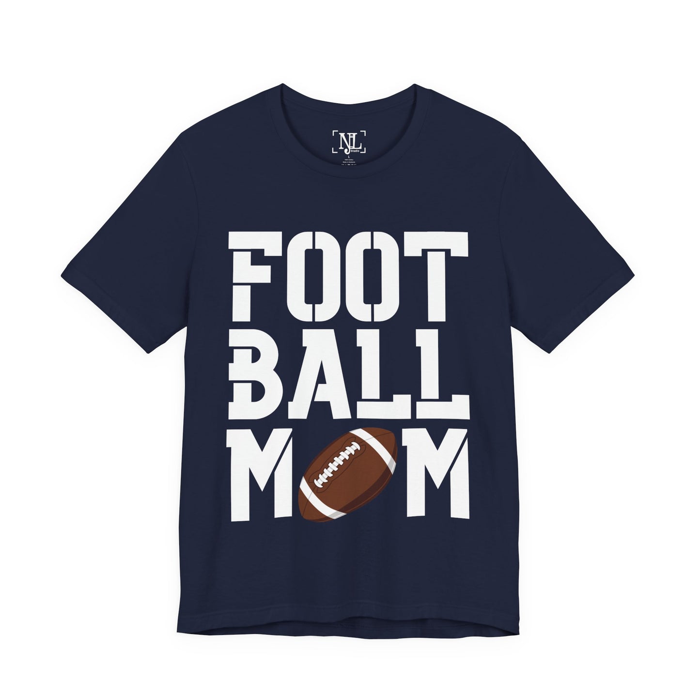 Football Mom T-Shirt – Bold Stacked Text with Football Graphic (White Text)
