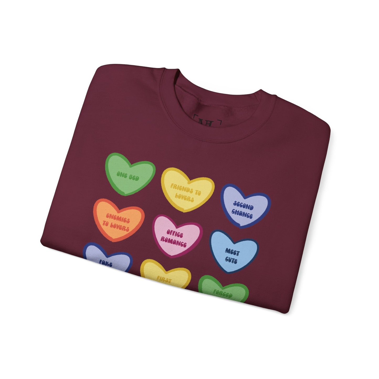 Romance Book Tropes Conversation Heart Sweatshirt — Colorful Valentine Candy Heart Graphic Crewneck