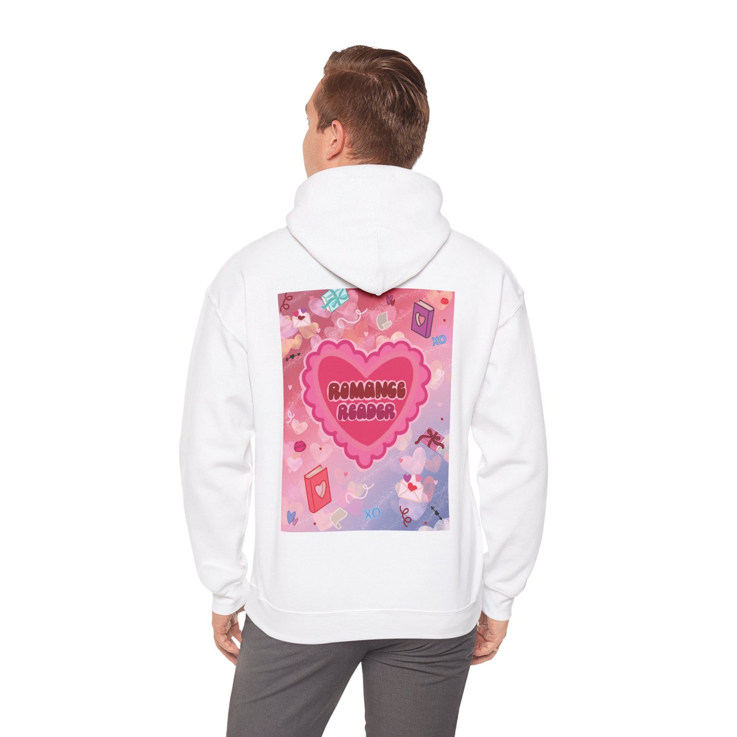 Romance Reader Hoodie — Cute Pink Heart Book Lover Pullover (Black Text)
