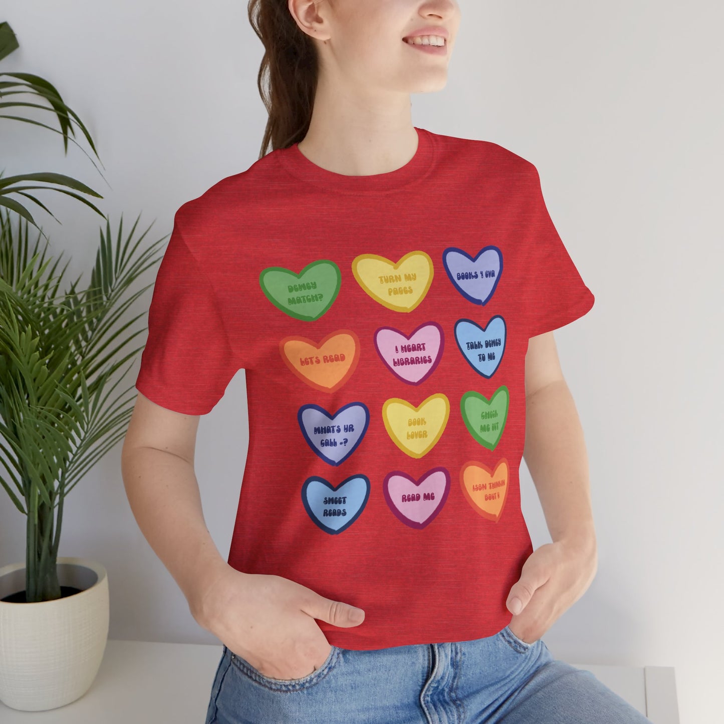 Library Conversation Heart Graphic Tee — Cute Pastel Candy Hearts with Messages