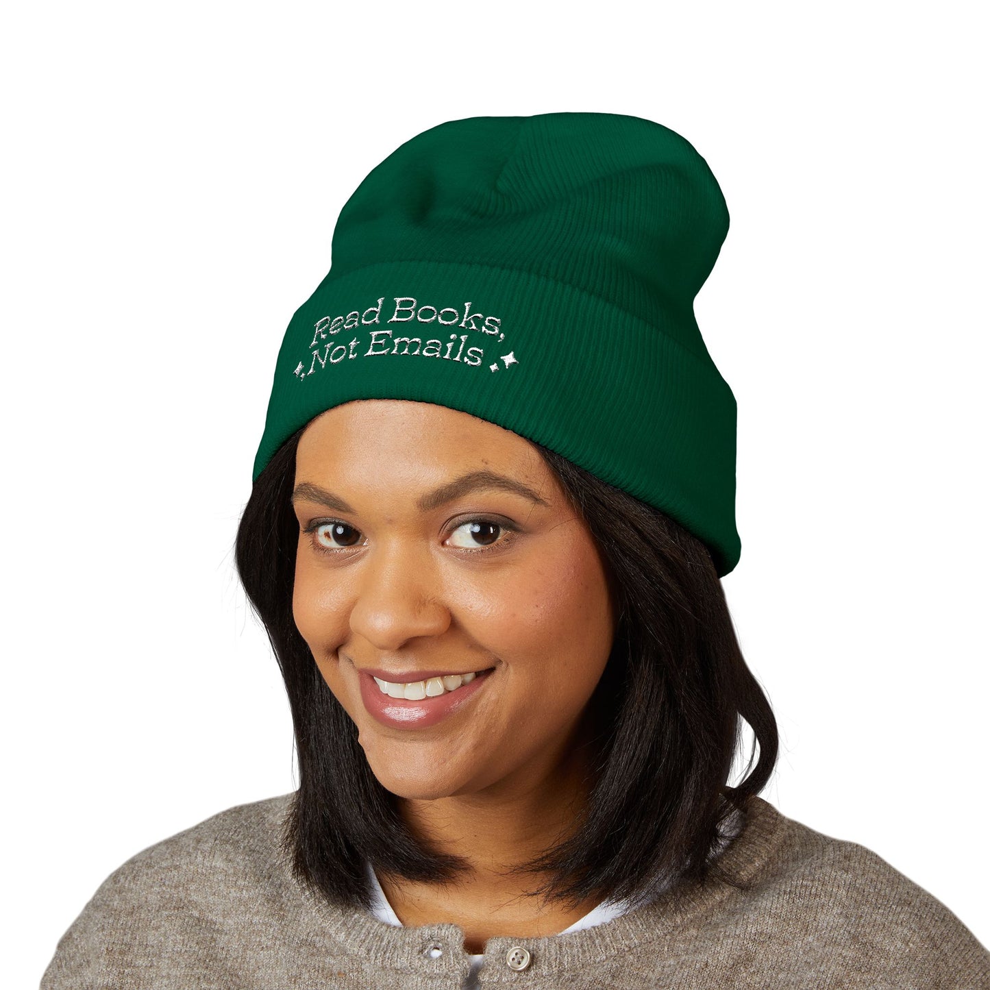 "Read Books Not Emails" - Embroidered Literary Cuffed Beanie (White Text)