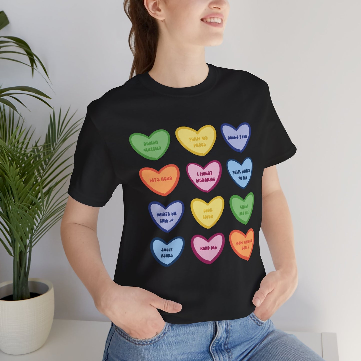 Library Conversation Heart Graphic Tee — Cute Pastel Candy Hearts with Messages