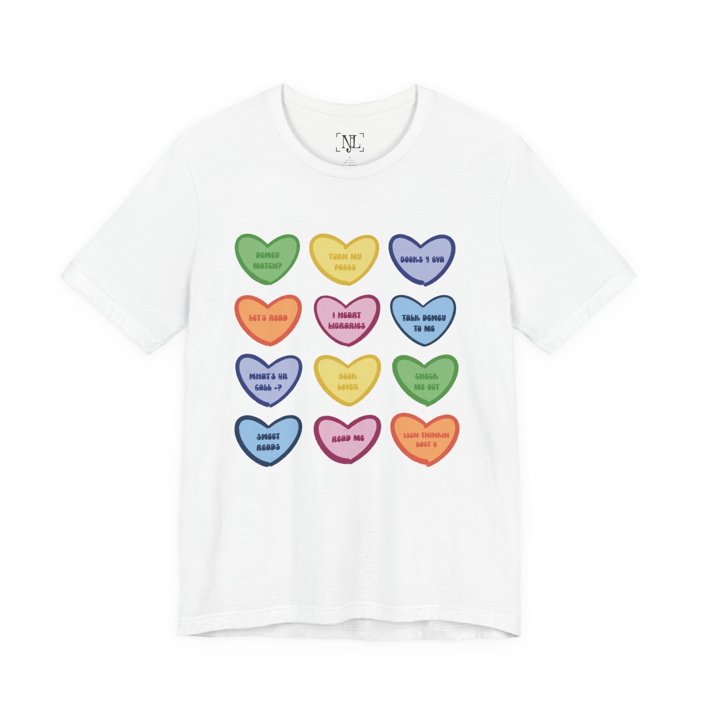 Library Conversation Heart Graphic Tee — Cute Pastel Candy Hearts with Messages