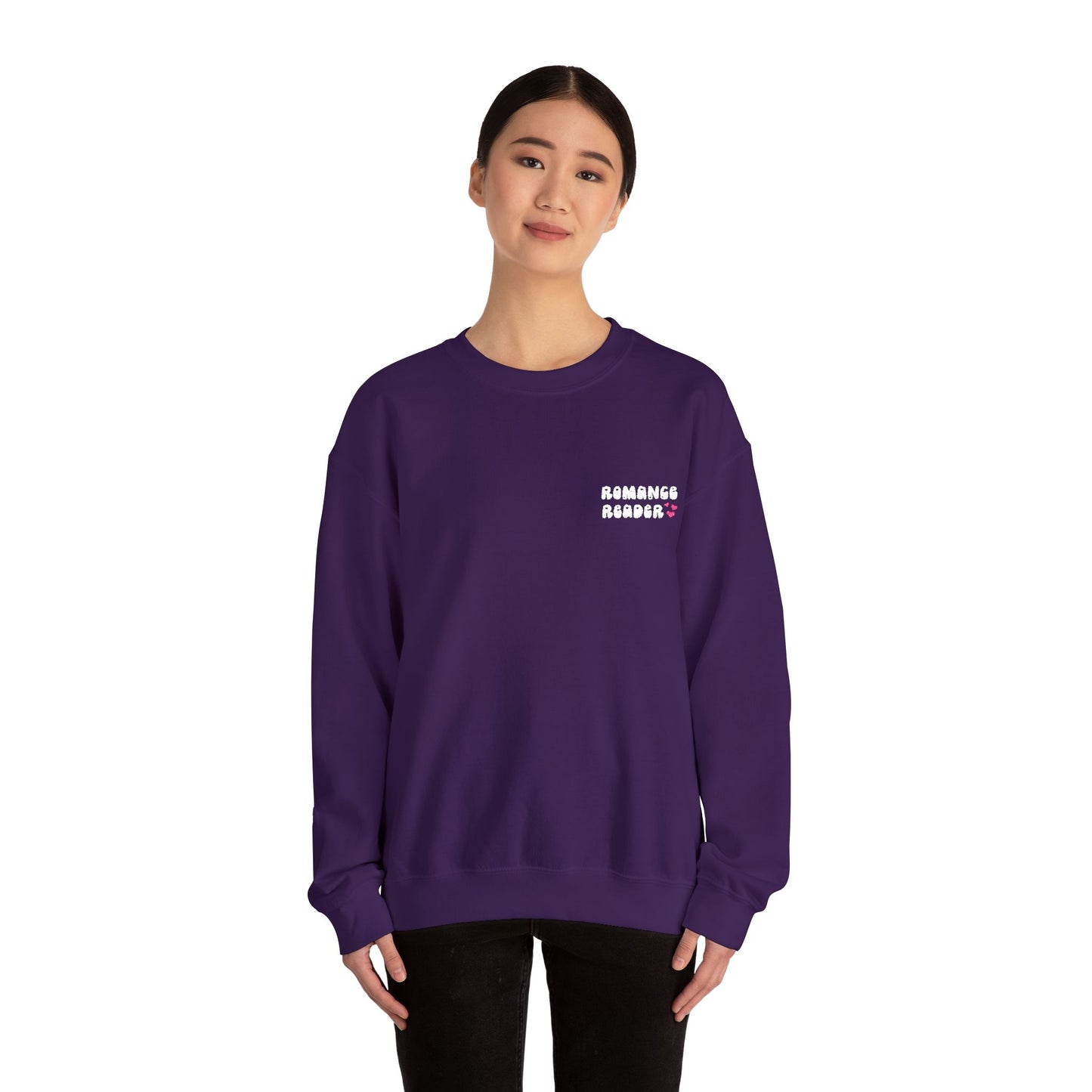 "Romance Reader" - Embroidered Literary Crewneck Sweatshirt (White Text with Pink Hearts)