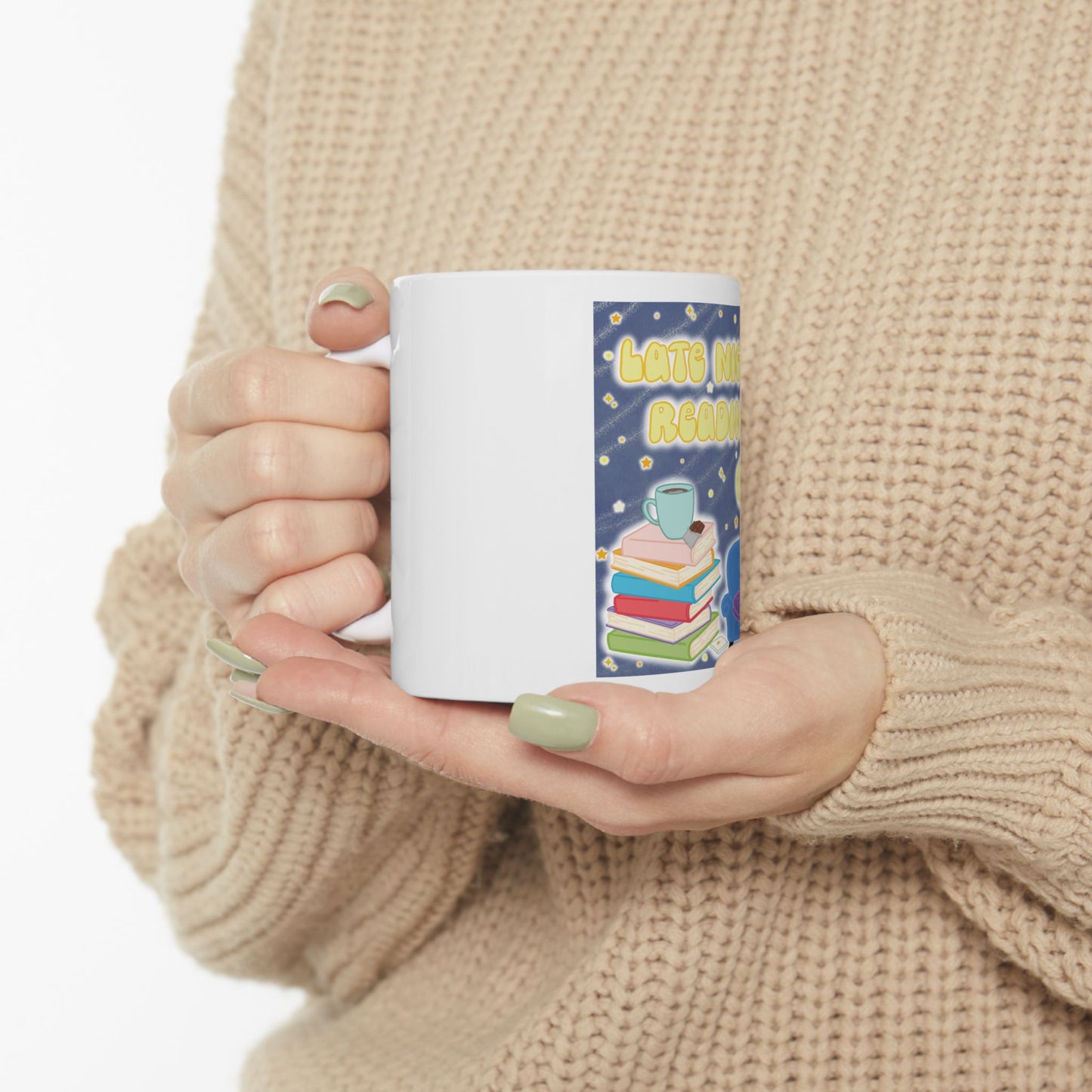 Late Night Reading Full Graphic Ceramic Mug — Cute Book Lover Coffee Cup (11oz & 15oz)