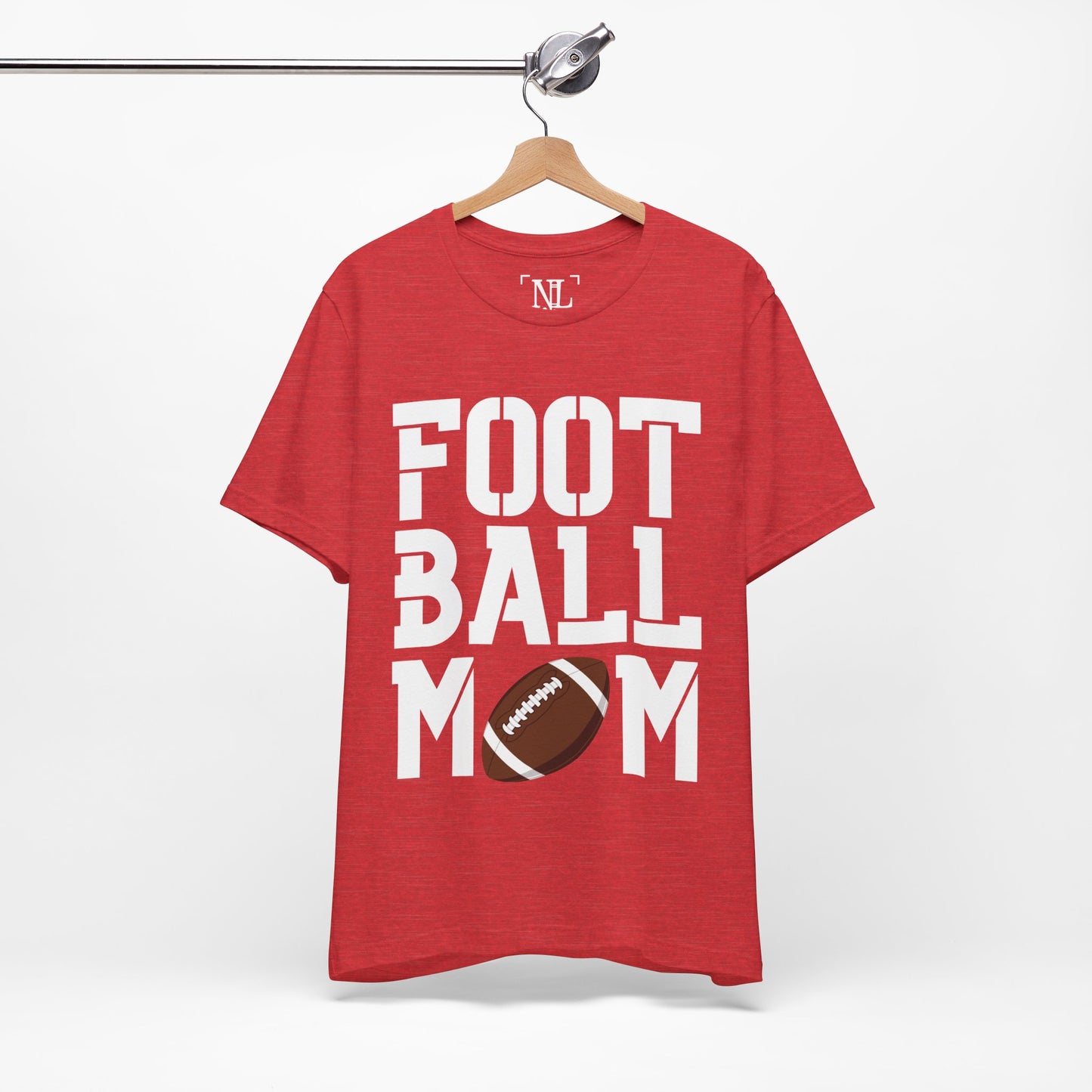 Football Mom T-Shirt – Bold Stacked Text with Football Graphic (White Text)