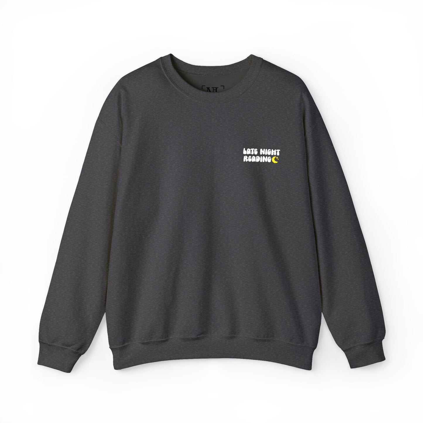 "Late Night Reading - Embroidered Cozy Literary Crewneck Sweatshirt (White Text)
