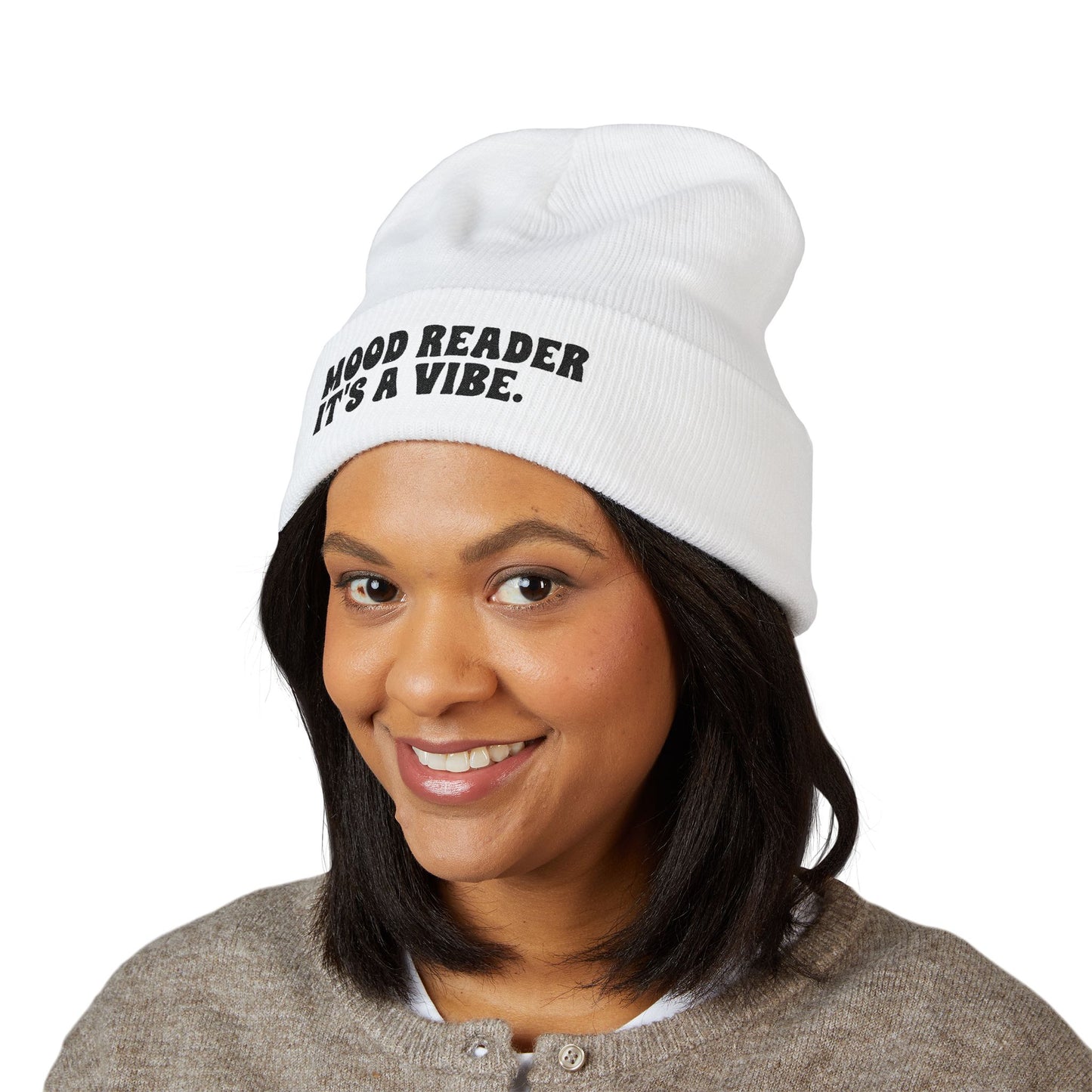 "Mood Reader It's a Vibe." - Embroidered Literary Cuffed Beanie (Black Text)