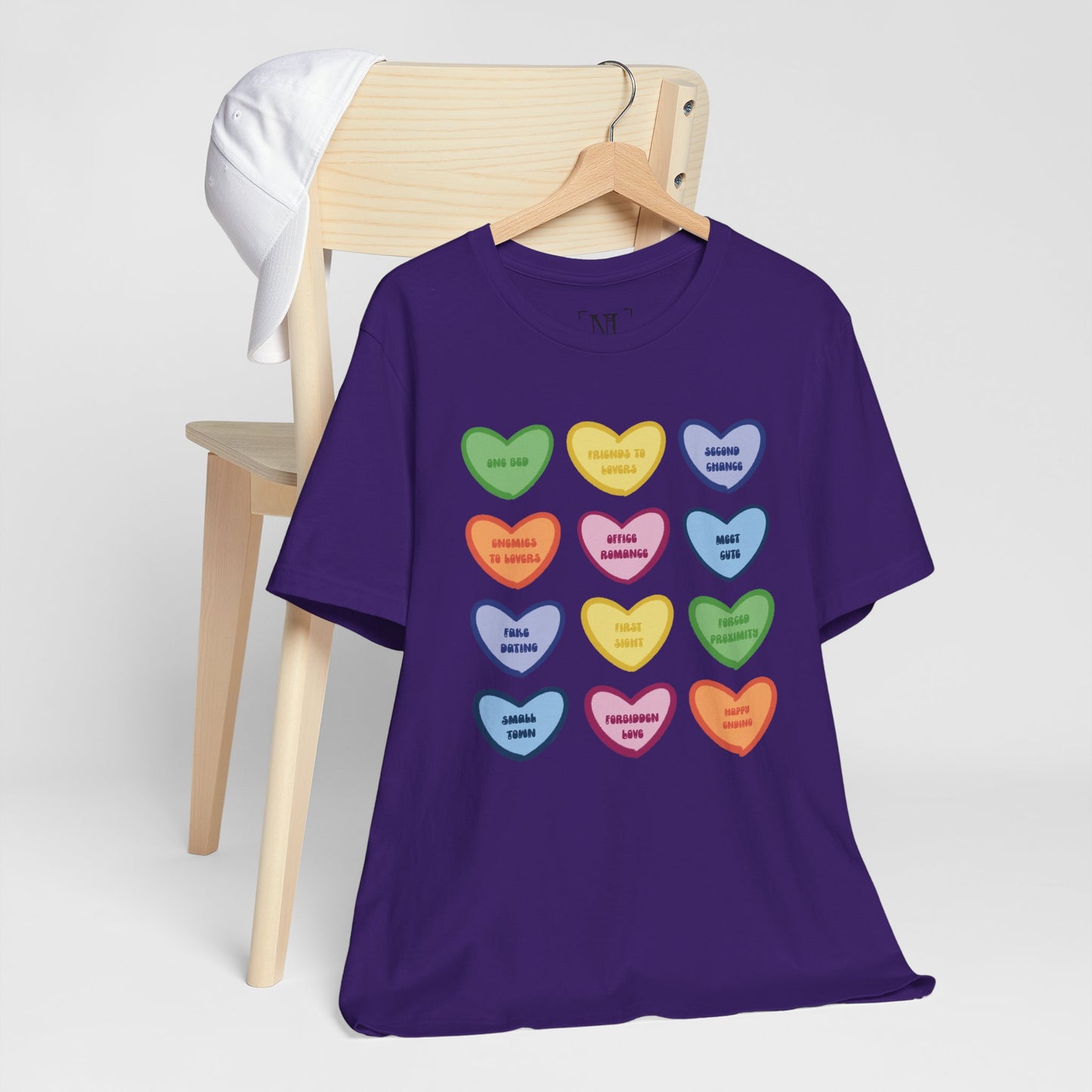 Romance Book Tropes Conversation Heart Graphic Tee — Cute Pastel Candy Hearts with Messages