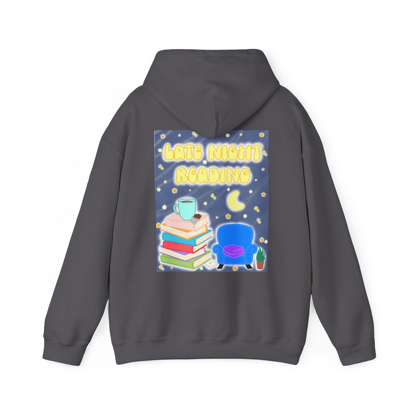Late Night Reading Hoodie — Cozy Book Lover Pullover with Moon & Books Graphic (White Text)