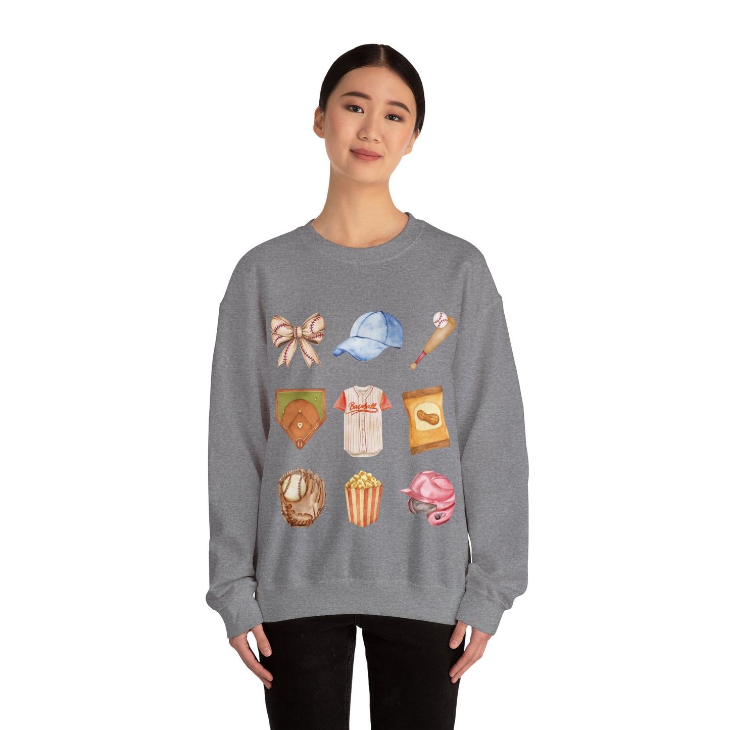 Baseball Icons Crewneck Sweatshirt — Watercolor Baseball Gear Graphic