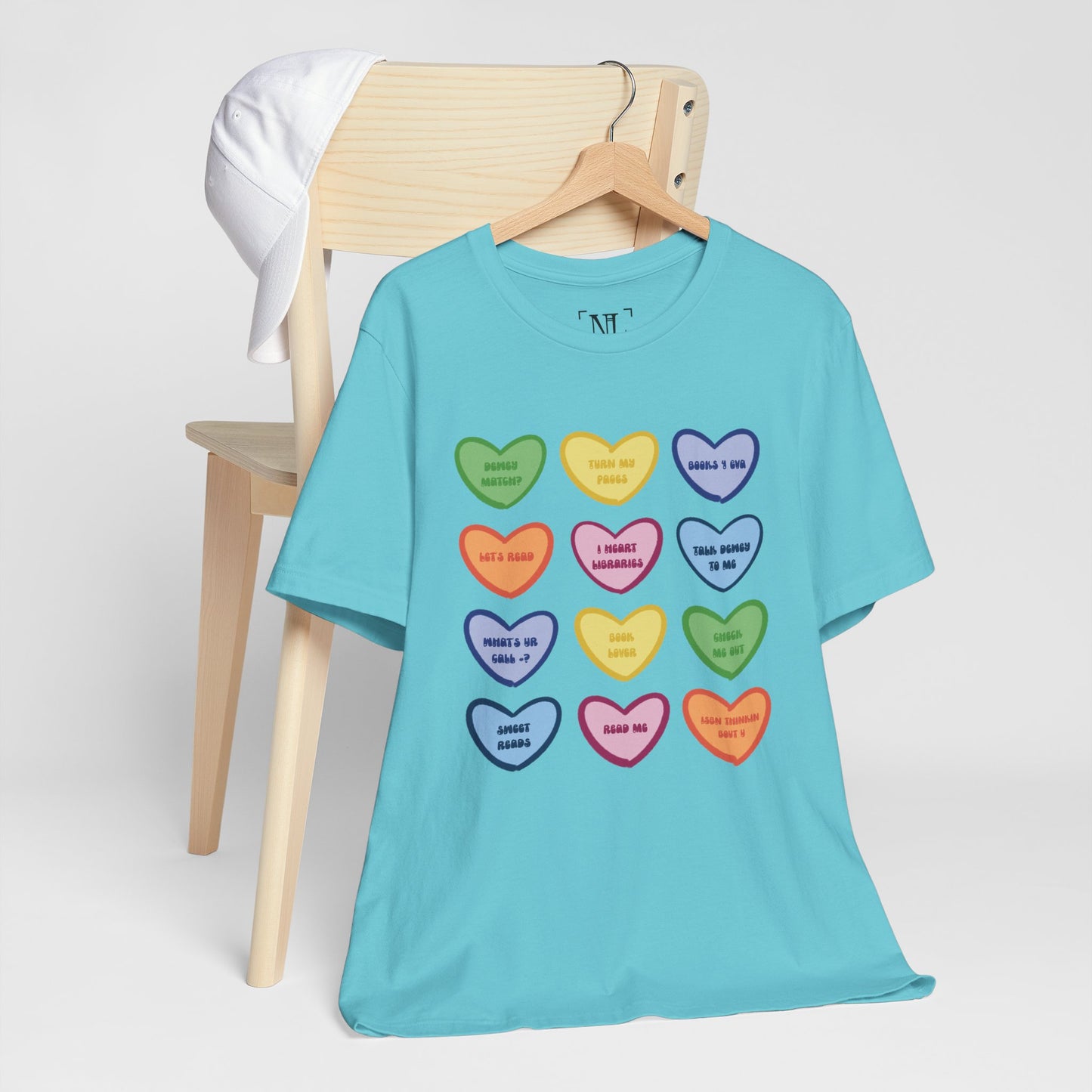 Library Conversation Heart Graphic Tee — Cute Pastel Candy Hearts with Messages