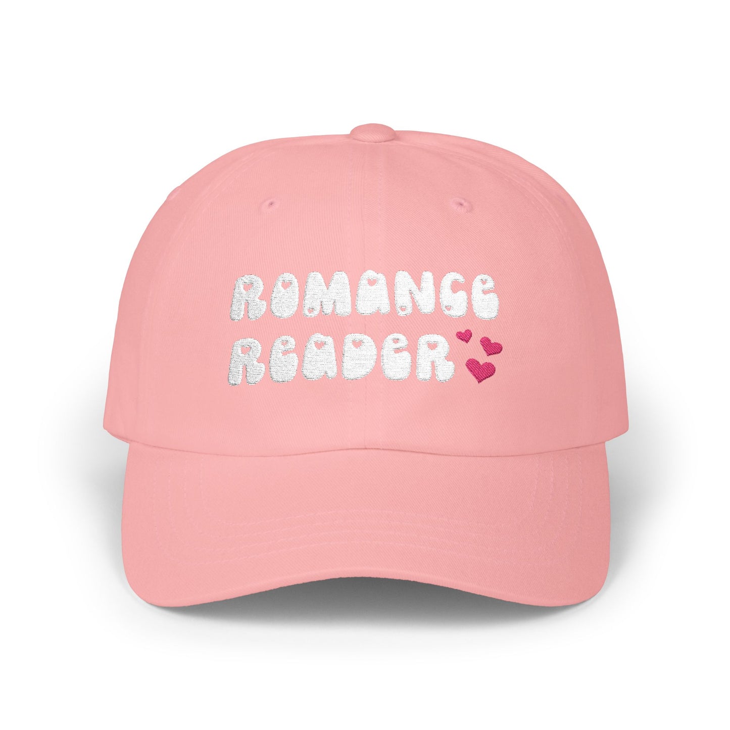 "Romance Reader" - Embroidered Literary Dad Cap (White Text with Maroon Hearts)