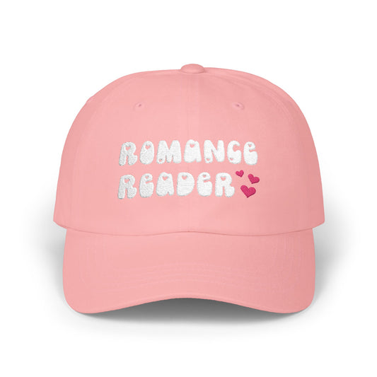 "Romance Reader" - Embroidered Literary Dad Cap (White Text with Maroon Hearts)