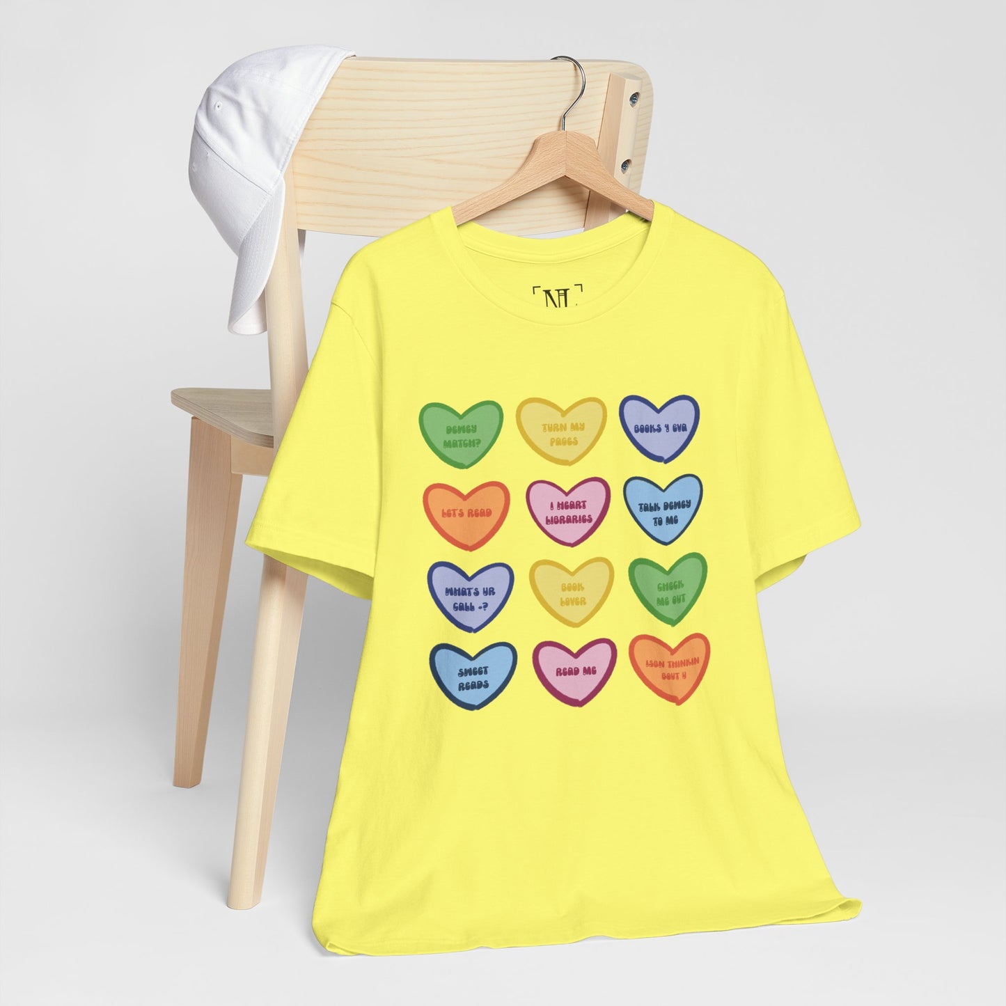 Library Conversation Heart Graphic Tee — Cute Pastel Candy Hearts with Messages