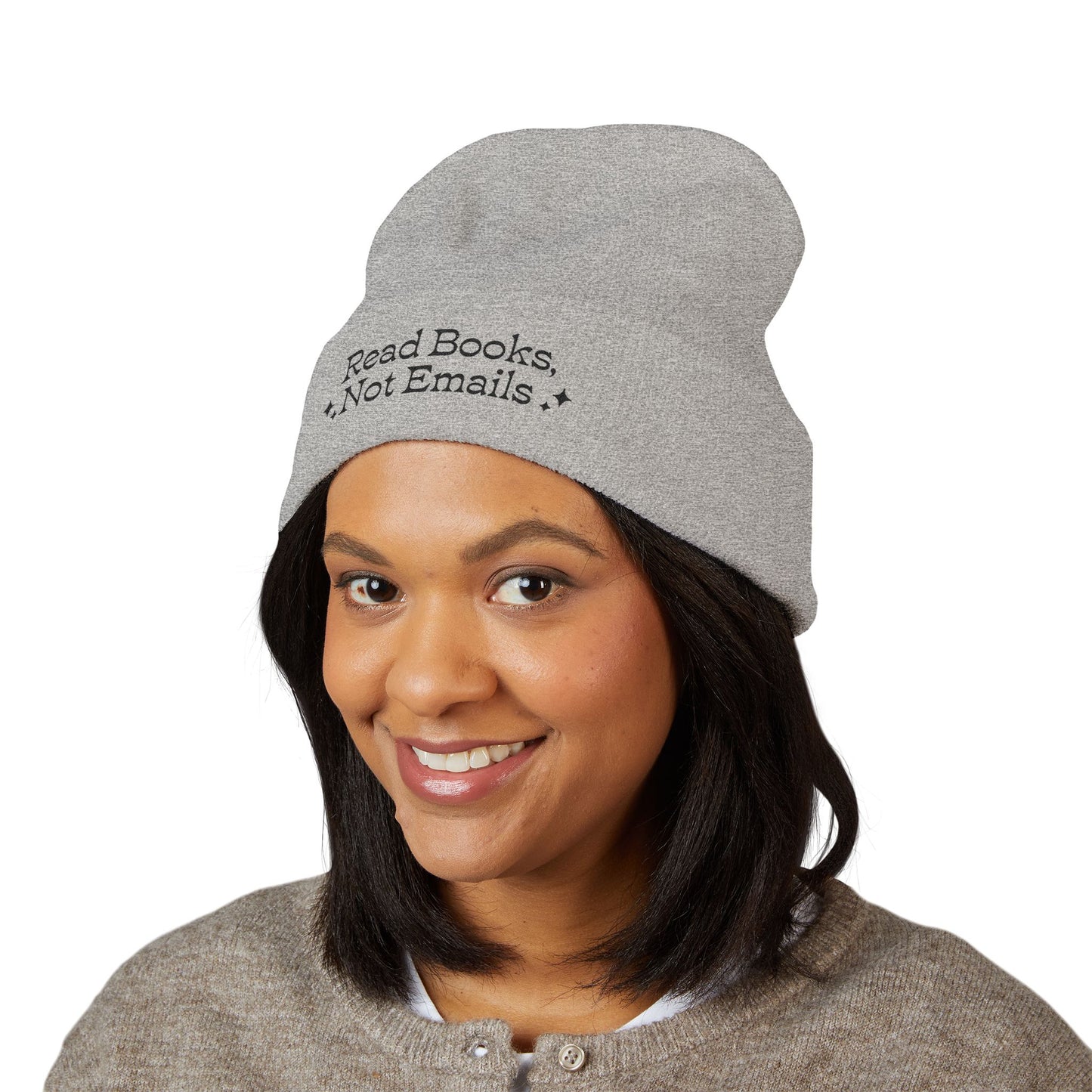 "Read Books Not Emails" - Embroidered Literary Cuffed Beanie (Black Text)