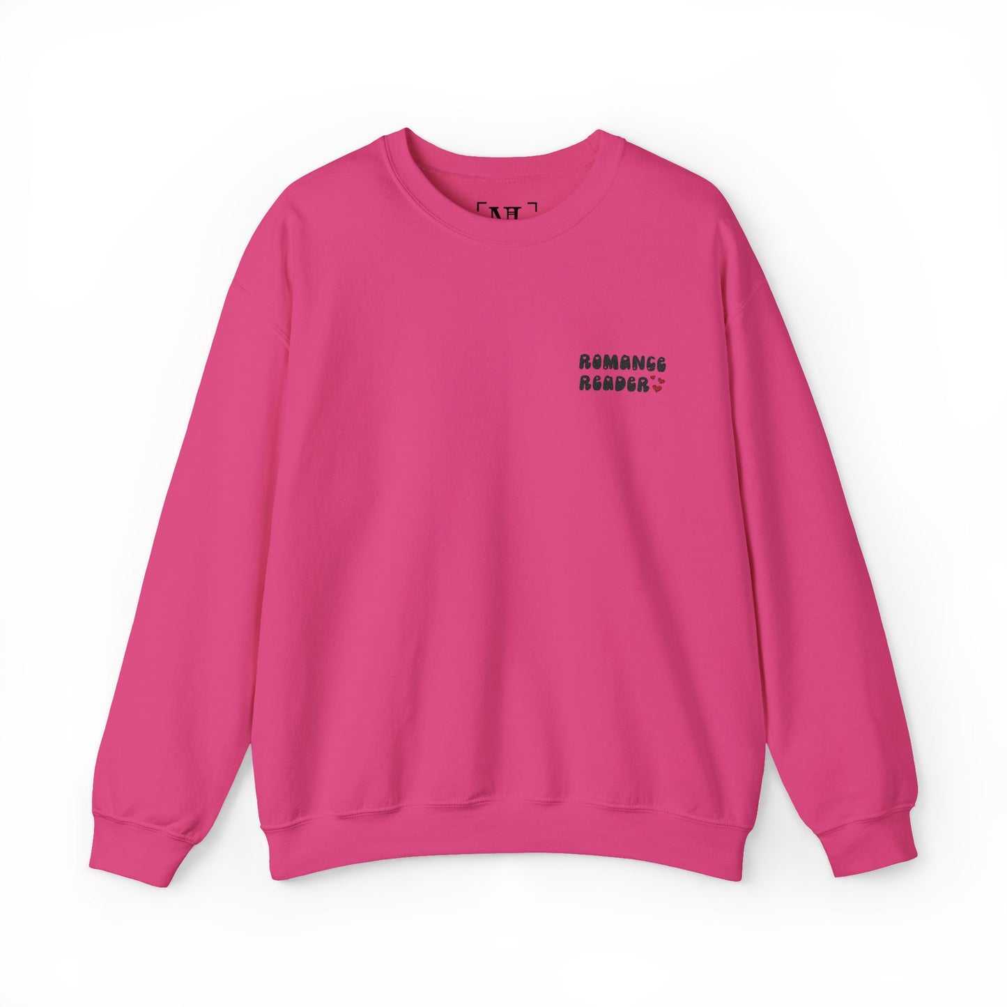 "Romance Reader" - Embroidered Literary Crewneck Sweatshirt (Black Text with Maroon Hearts)