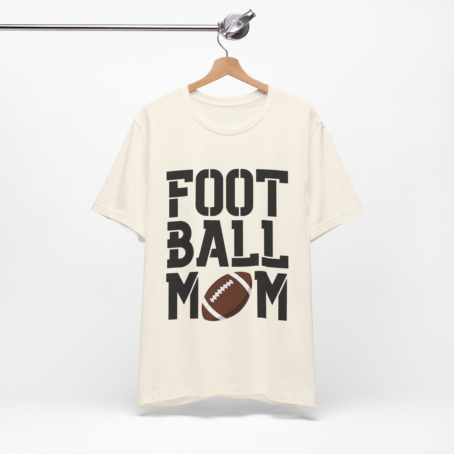 Football Mom T-Shirt – Bold Stacked Text with Football Graphic