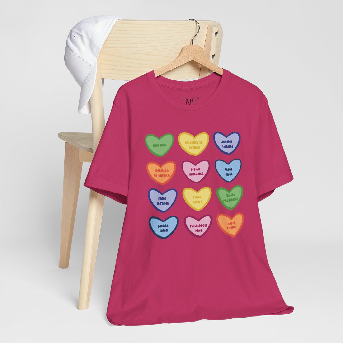Romance Book Tropes Conversation Heart Graphic Tee — Cute Pastel Candy Hearts with Messages