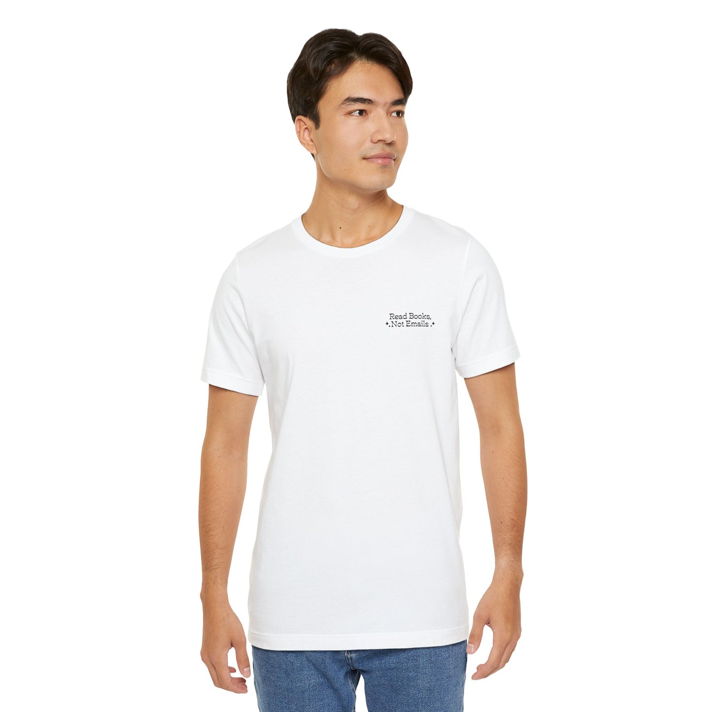 "Read Books, Not Emails - Embroidered Literary Tee (Black Text)