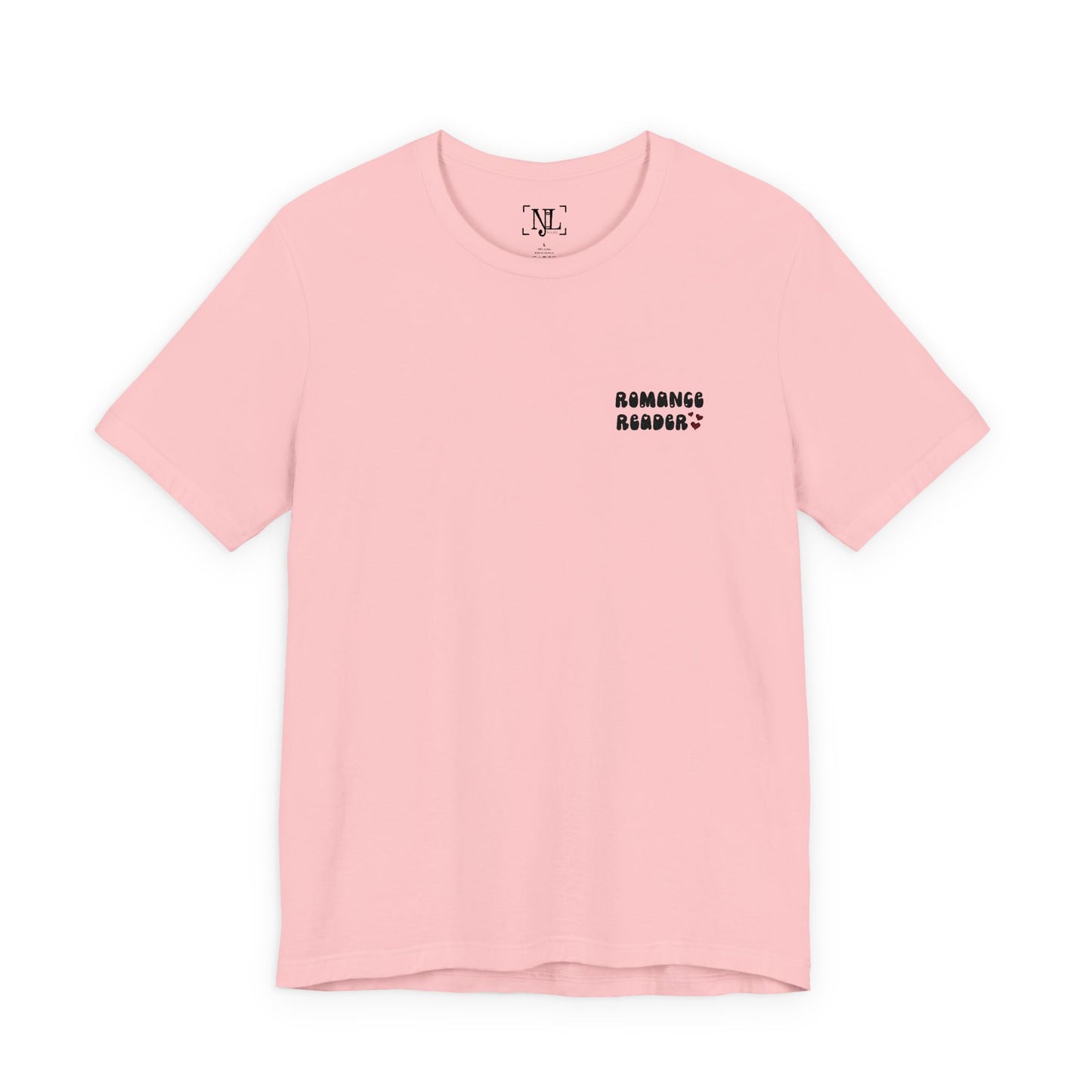 "Romance Reader" - Embroidered Literary Tee (Black Text with Maroon Hearts)