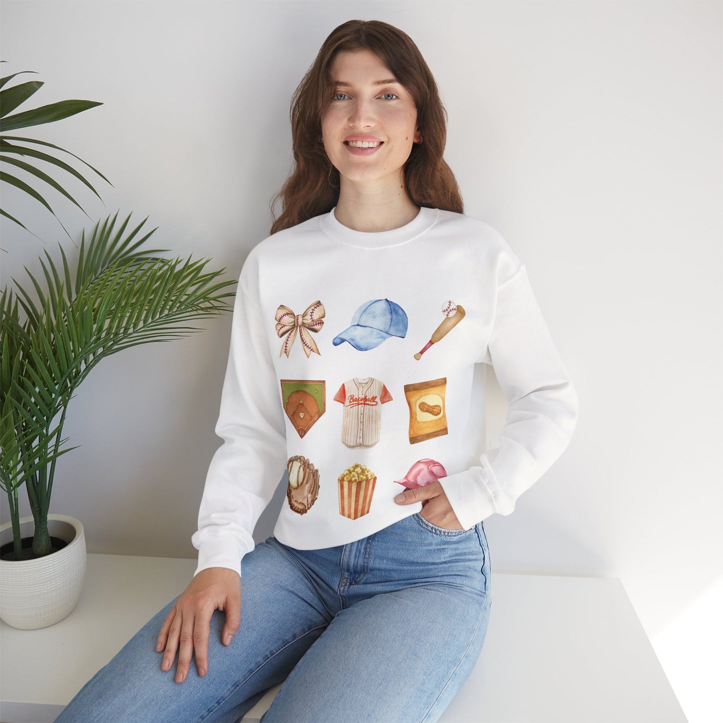 Baseball Icons Crewneck Sweatshirt — Watercolor Baseball Gear Graphic