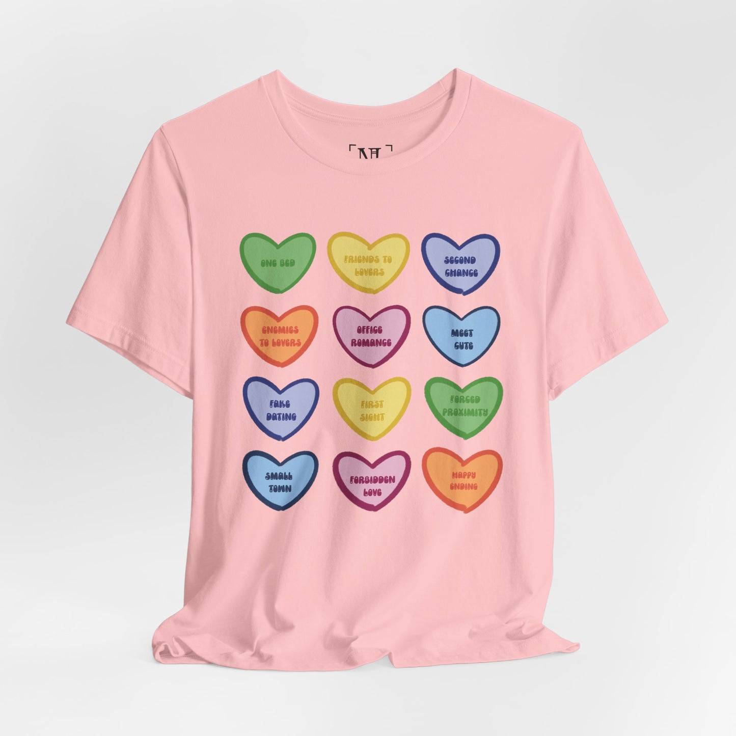 Romance Book Tropes Conversation Heart Graphic Tee — Cute Pastel Candy Hearts with Messages