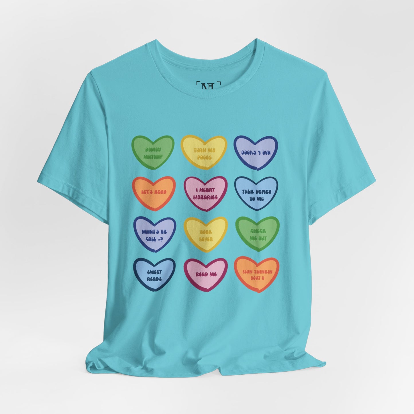 Library Conversation Heart Graphic Tee — Cute Pastel Candy Hearts with Messages