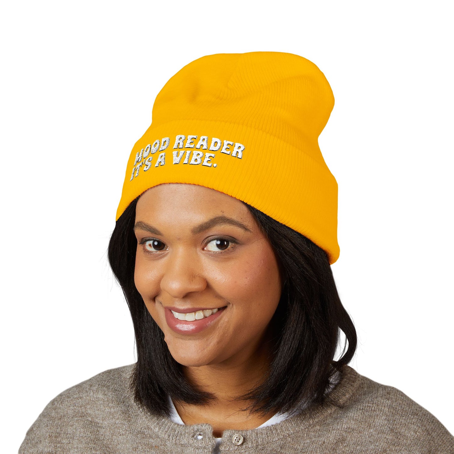 "Mood Reader It's a Vibe." - Embroidered Literary Cuffed Beanie (White Text)