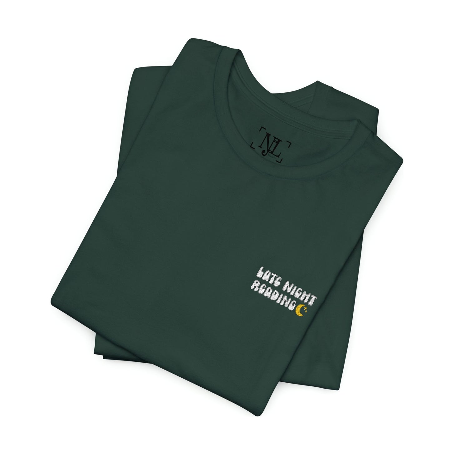 Late Night Reading - Embroidered Literary Tee (White Text)