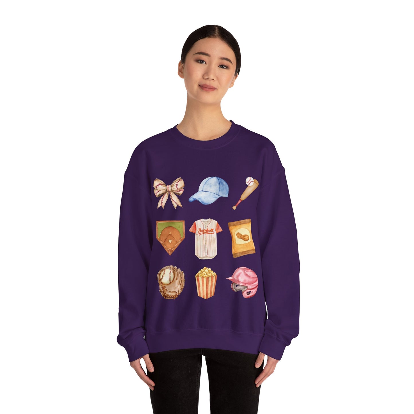 Baseball Icons Crewneck Sweatshirt — Watercolor Baseball Gear Graphic