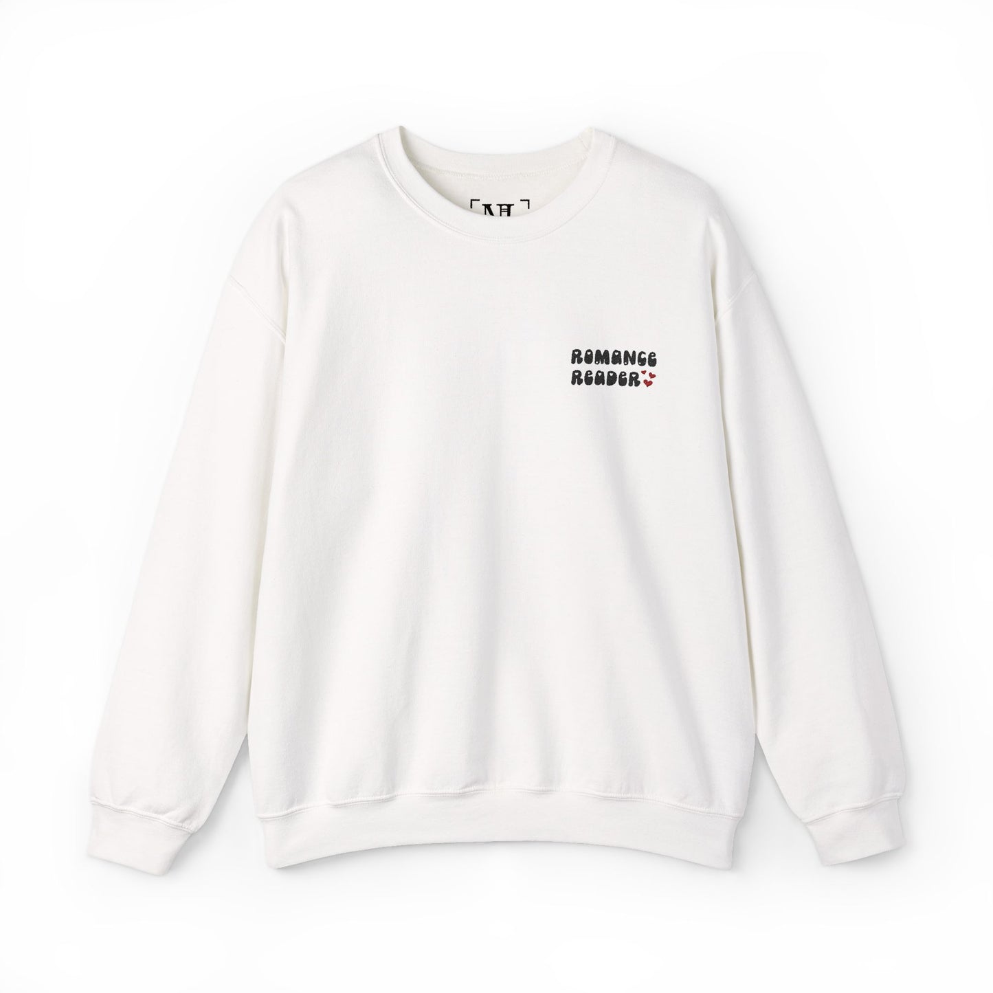 "Romance Reader" - Embroidered Literary Crewneck Sweatshirt (Black Text with Maroon Hearts)