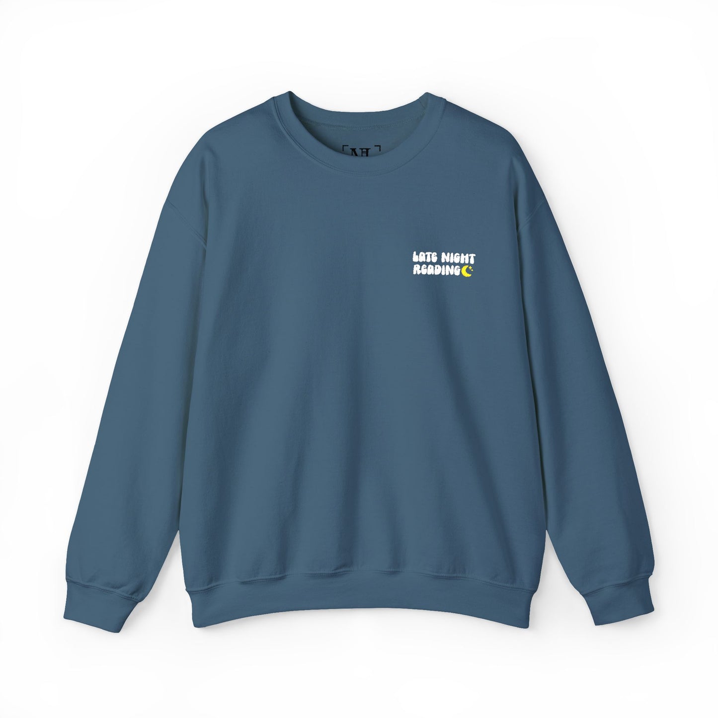 "Late Night Reading - Embroidered Cozy Literary Crewneck Sweatshirt (White Text)