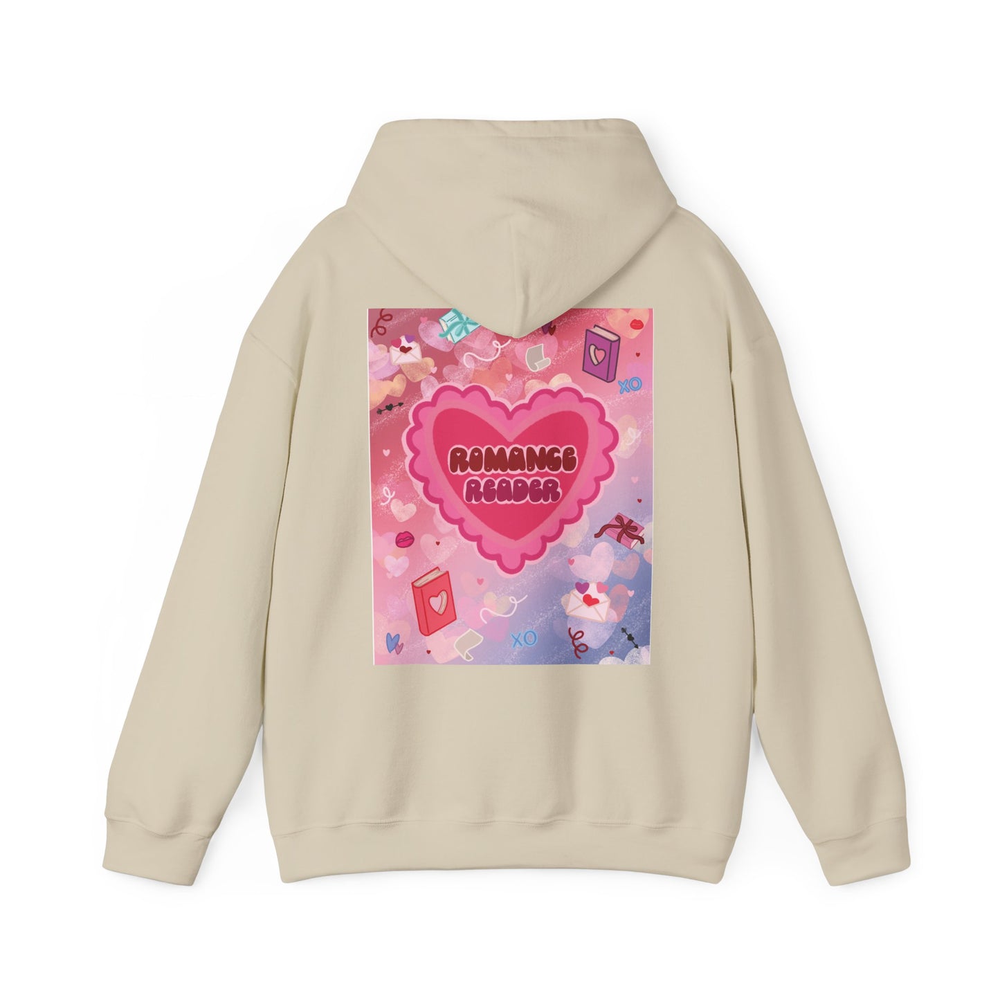 Romance Reader Hoodie — Cute Pink Heart Book Lover Pullover (Black Text)