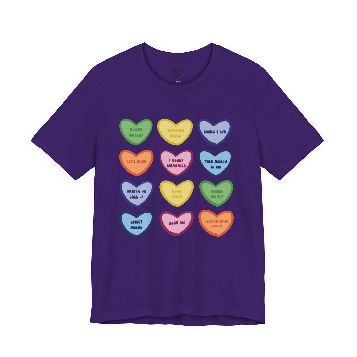 Library Conversation Heart Graphic Tee — Cute Pastel Candy Hearts with Messages