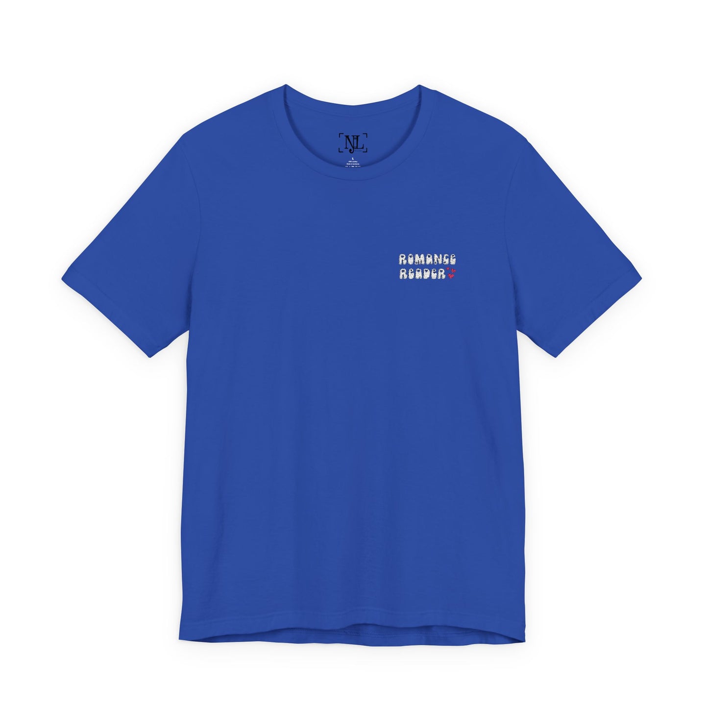 "Romance Reader" - Embroidered Literary Tee (White Text with Pink Hearts)