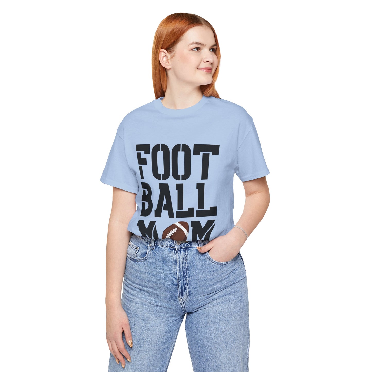 Football Mom T-Shirt – Bold Stacked Text with Football Graphic
