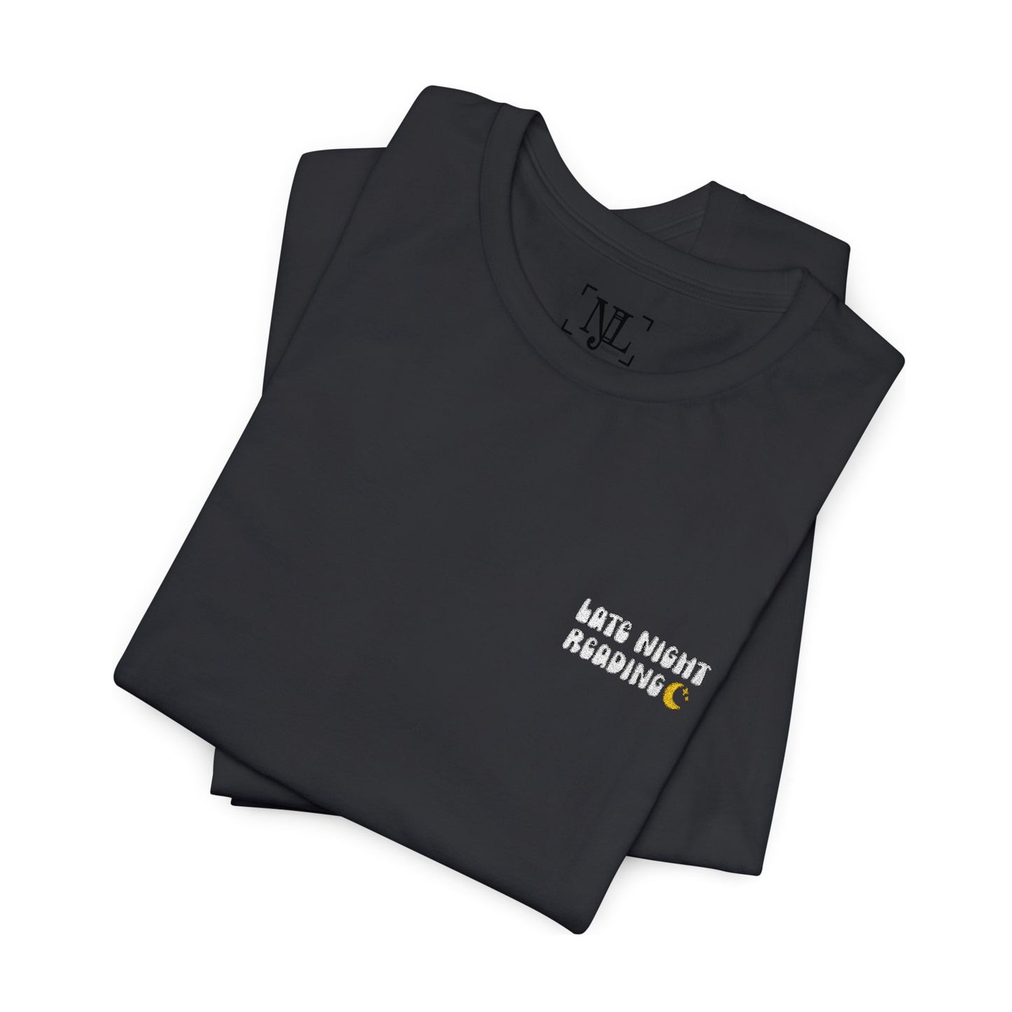 Late Night Reading - Embroidered Literary Tee (White Text)