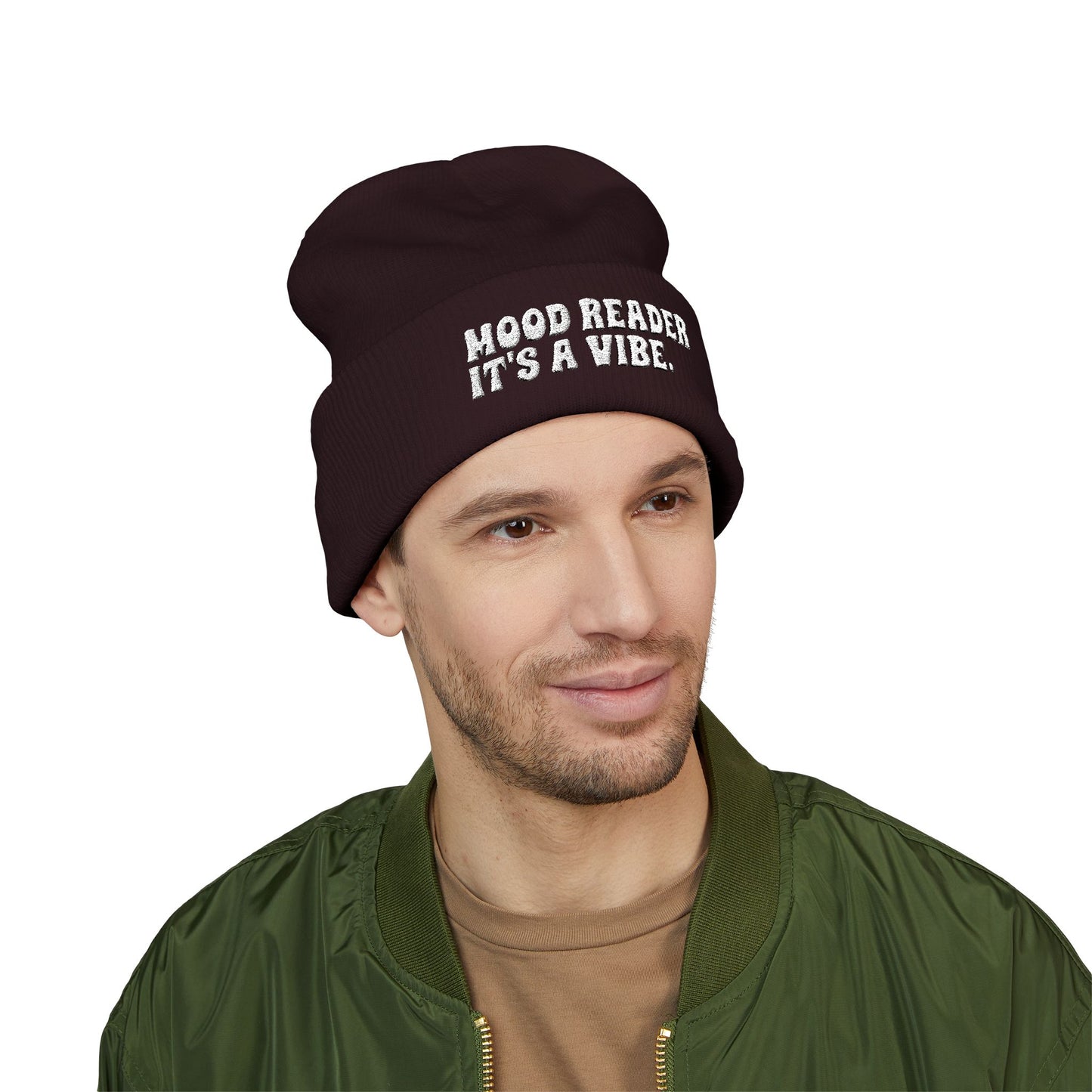 "Mood Reader It's a Vibe." - Embroidered Literary Cuffed Beanie (White Text)