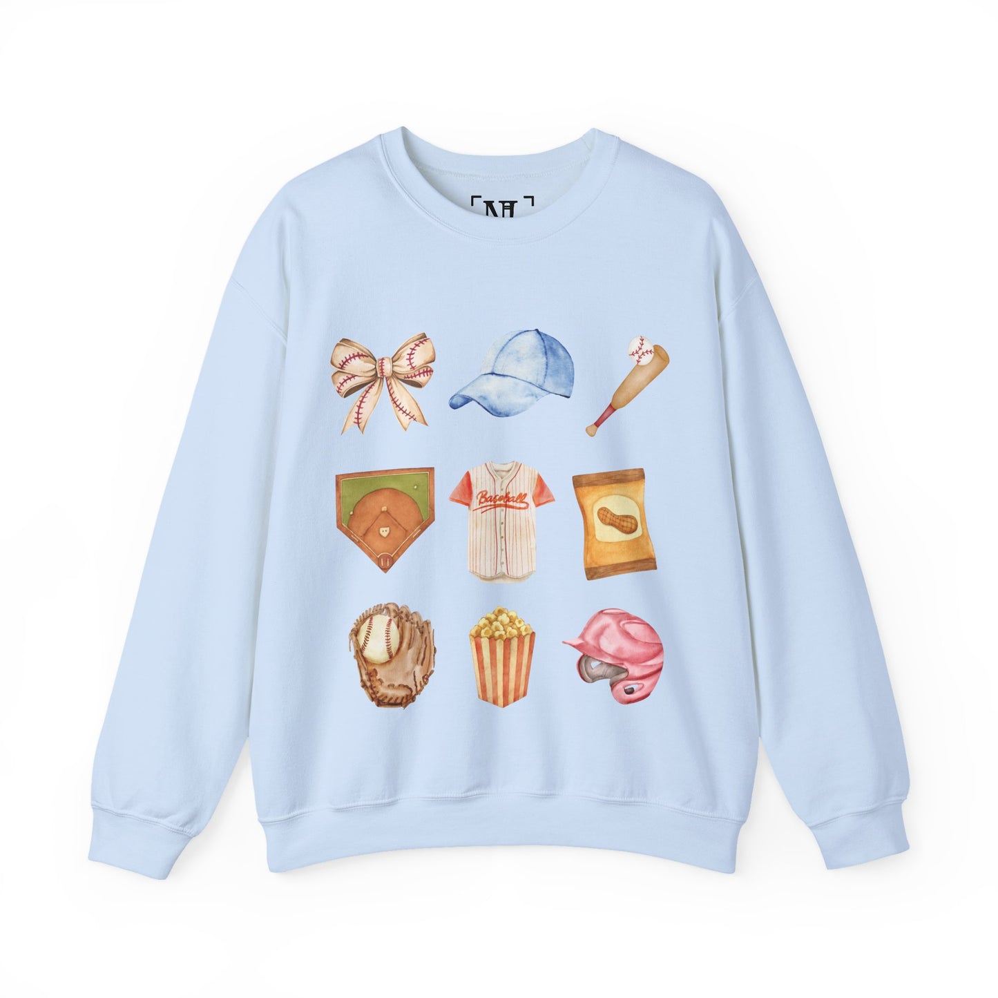 Baseball Icons Crewneck Sweatshirt — Watercolor Baseball Gear Graphic