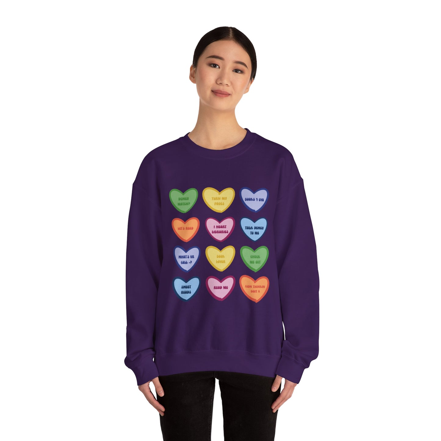 Library Themed Conversation Heart Sweatshirt — Colorful Valentine Candy Heart Graphic Crewneck