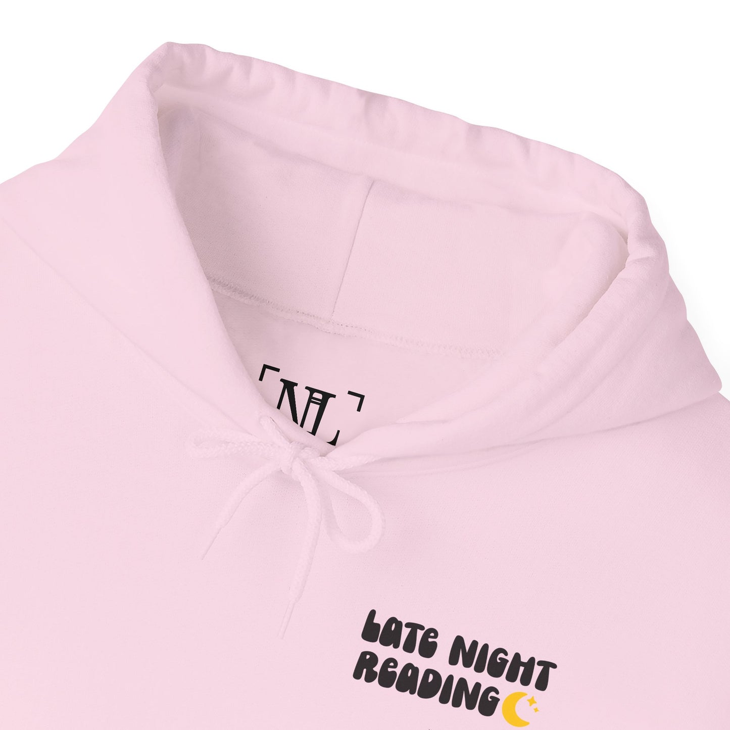 Late Night Reading Hoodie — Cozy Book Lover Pullover with Moon & Books Graphic (Black Text)