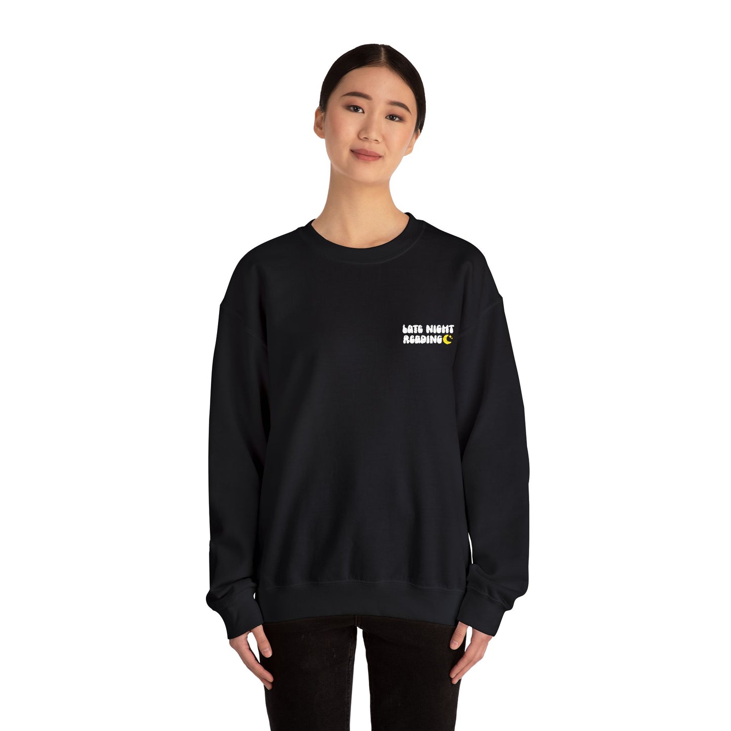 "Late Night Reading - Embroidered Cozy Literary Crewneck Sweatshirt (White Text)