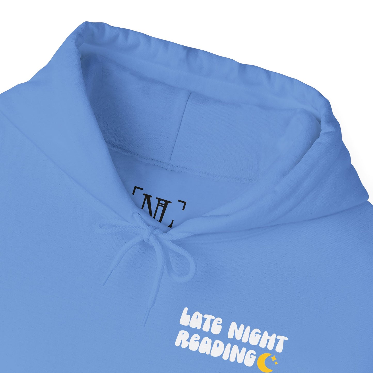 Late Night Reading Hoodie — Cozy Book Lover Pullover with Moon & Books Graphic (White Text)