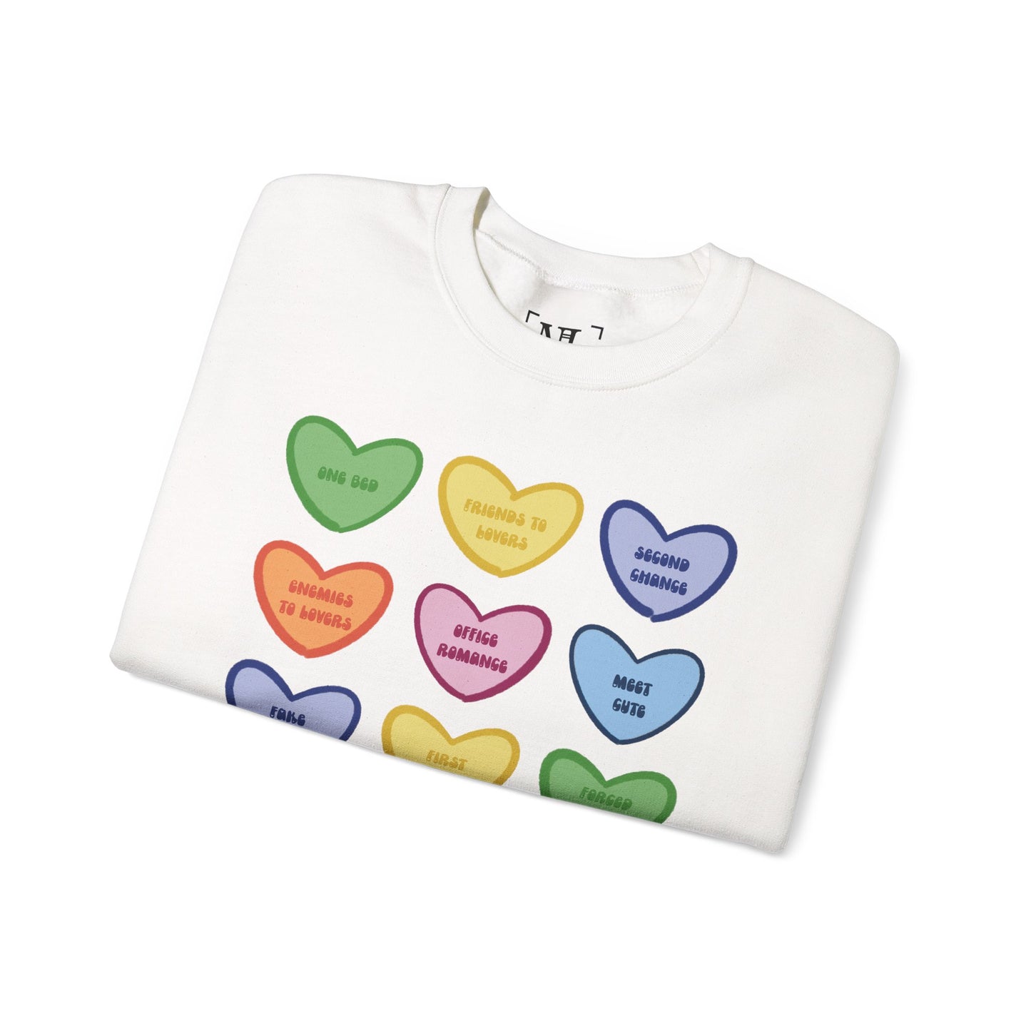Romance Book Tropes Conversation Heart Sweatshirt — Colorful Valentine Candy Heart Graphic Crewneck