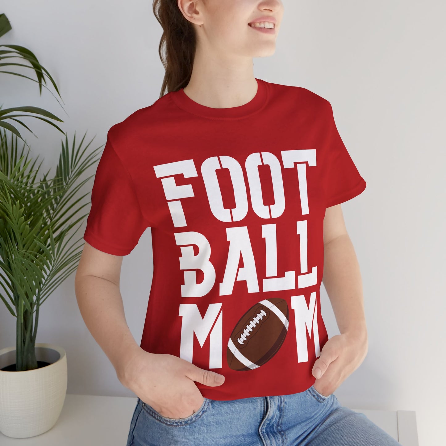 Football Mom T-Shirt – Bold Stacked Text with Football Graphic (White Text)